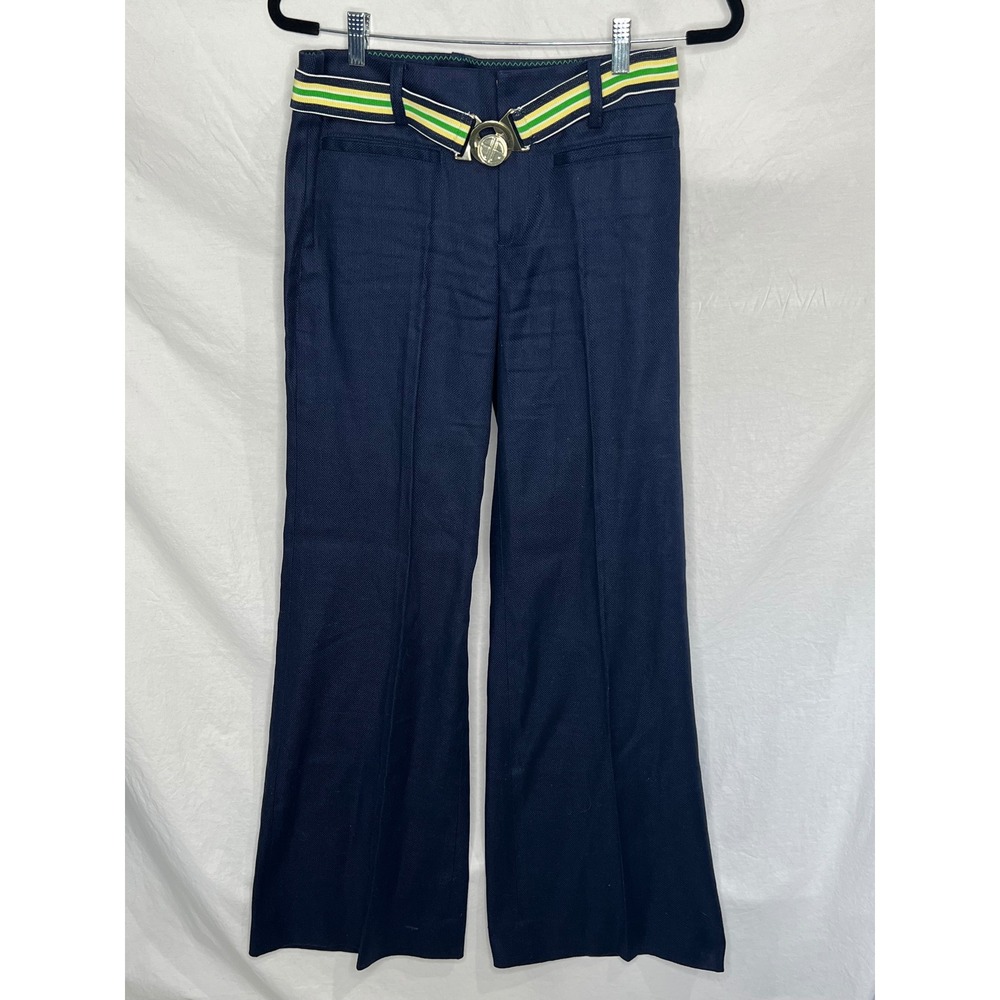 Lilly Pulitzer Womens Sz 4 LONG Wide Leg Pants Navy Blue Career Preppy Linen EUC